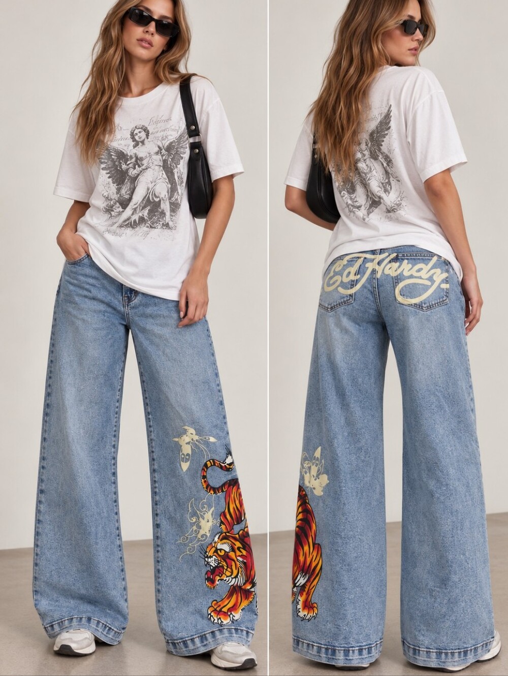 Ed Hardy Tiger Tattoo Graphic Wide Leg Jeans Y2K Light Wash Size 32